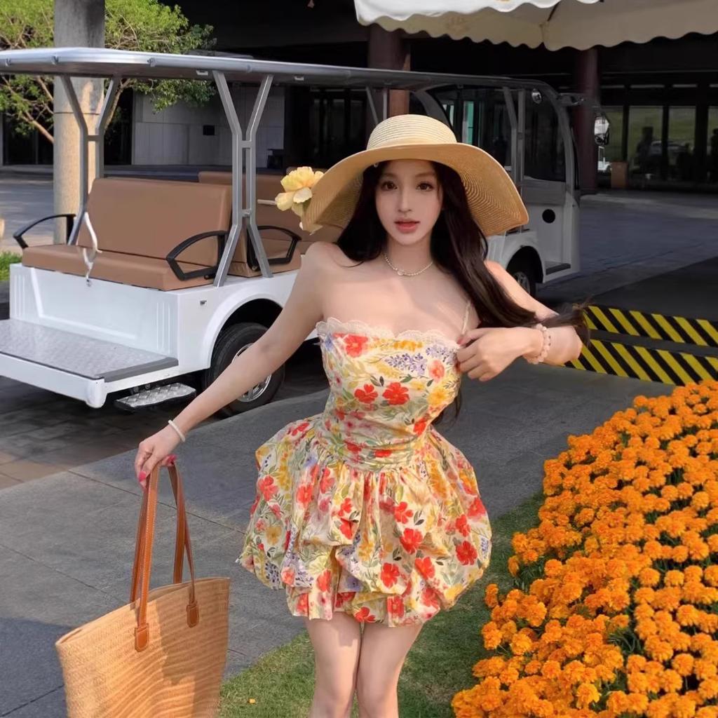 Sexy Spice Girl Wind Suspender Dress Women's Summer New Casual Vacation Wind Backless Beautiful Floral Bud Dress