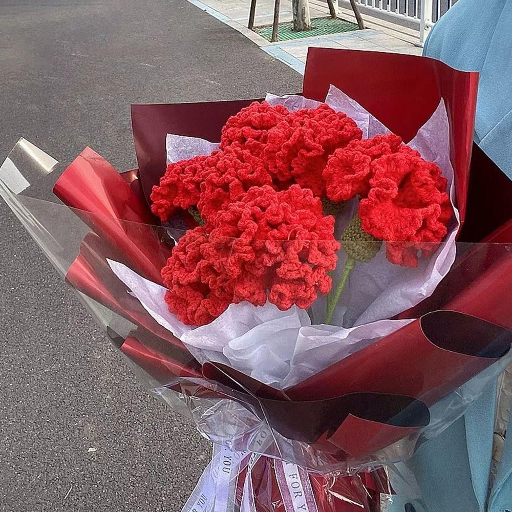 Heart Shaped Knitting Flower Carnation Flower Hand Woven Flower Creative DIY Bouquet  Holiday Gifts