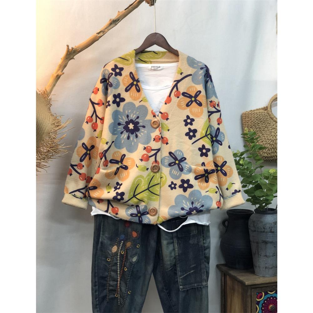 

Dimanaf 2024 Новые осенние свитера больших размеров, кардиганы, большие размеры, женские узоры, цветочные мультяшные принты, свитера, вязаные свободные свитера 02 One Size