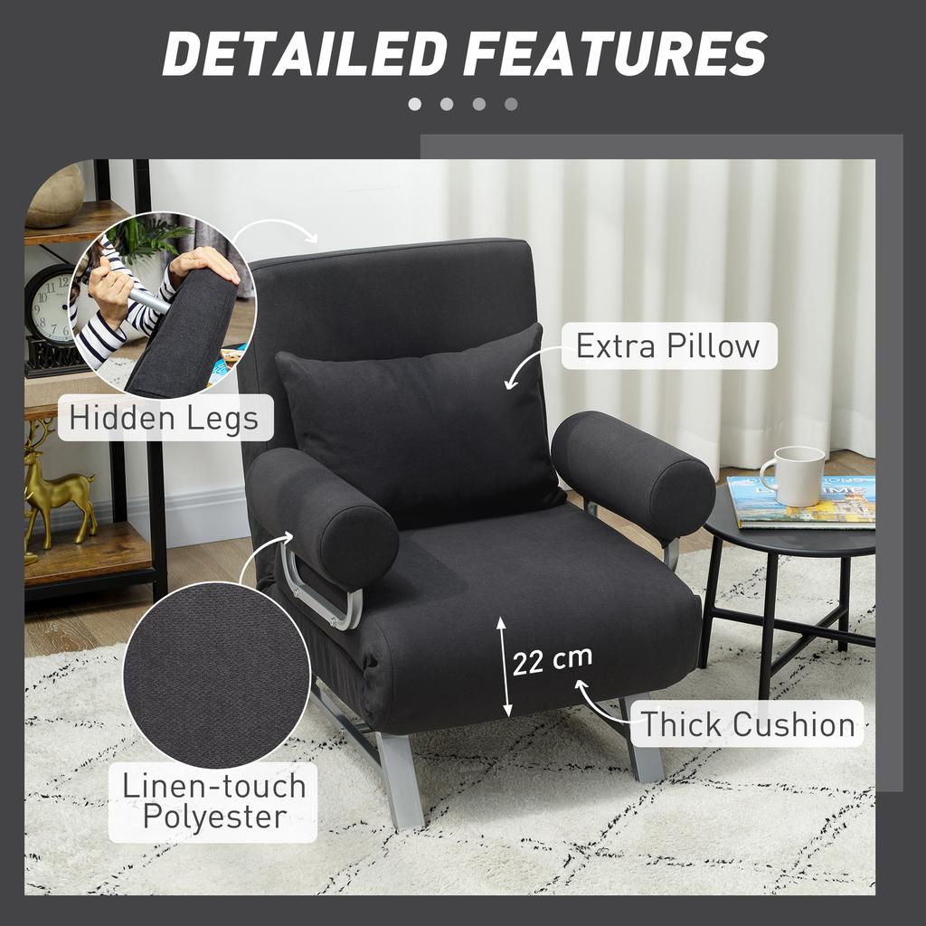 Single Sofa Bed, 3-in-1 Convertible Folding Chair Bed with Adjustable Backrest, Removable Armrests, Black