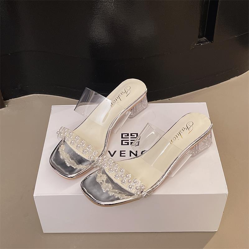 Beautiful High-heeled One-word Slippers for Women's Summer Wear 2025 New Fashion Fairy Style Transparent Thick-heeled Cool Slippers Female Tide