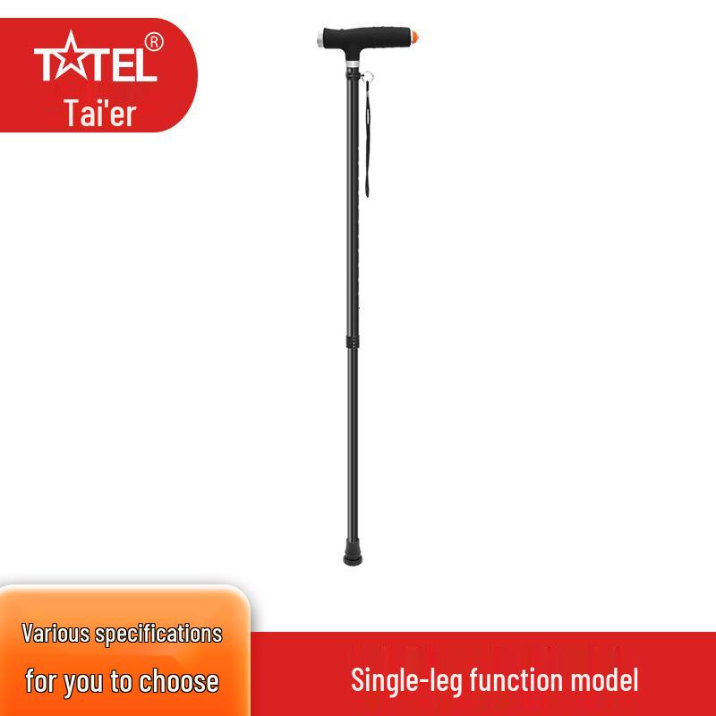 Flashlight-Equipped Telescopic Quad Cane with Anti-Fall Strap and Non-Slip Base for Seniors