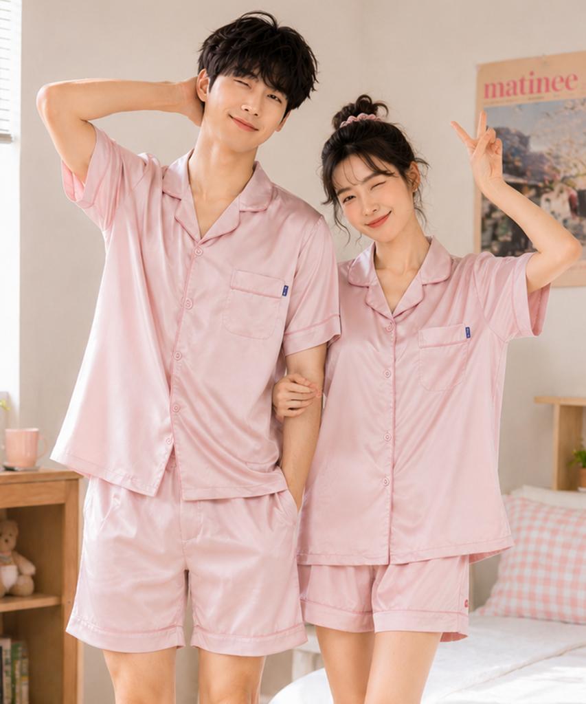 PALAN Clear Silk Couple Short-Sleeve Pajamas Cool Summer Pajama Top And Bottom Set