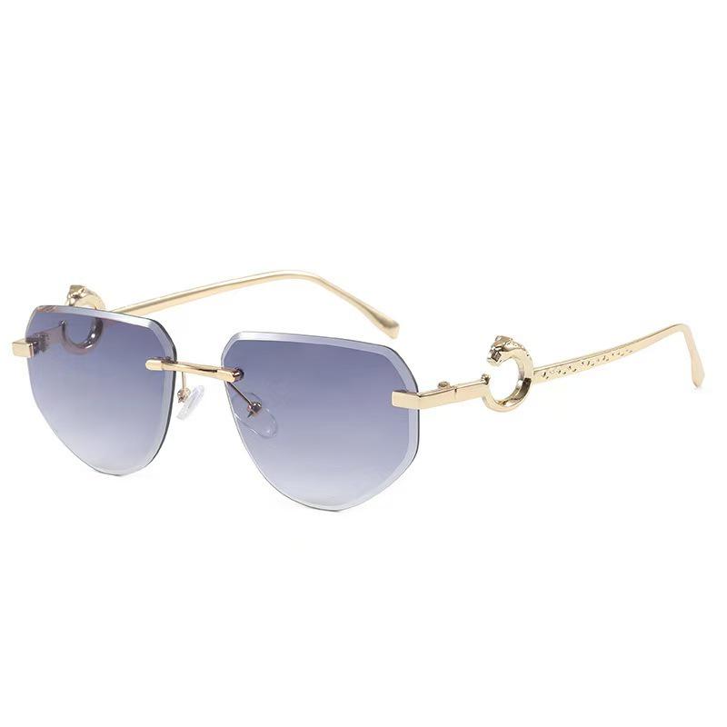 Women s Designer Frameless Sunglasses with Leopard Head Temples, Unisex Polygonal Cut, Gradient Lenses