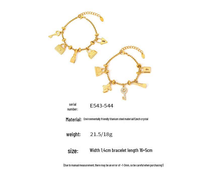 Trendy European-American Multi-Element Rhinestone Pendant Bracelet, Adjustable Retro 18K Gold-Plated Titanium Steel Jewelry