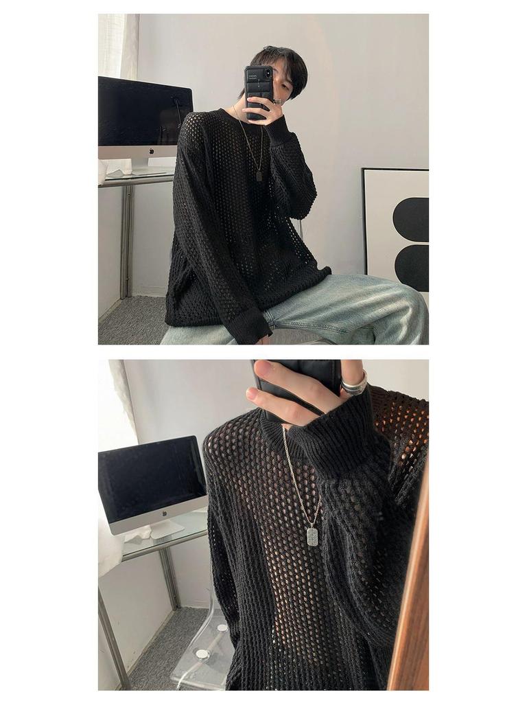 Men's 2023 Autumn Trendy White Hollow-Out Ripped Loose Knit Sweater, Korean Style.