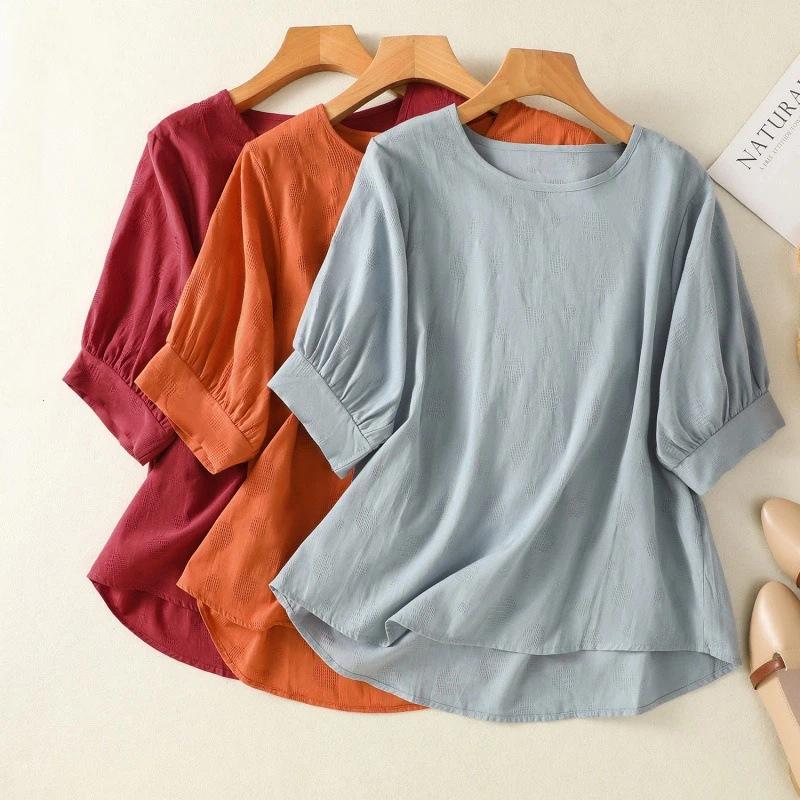 Women Round Neck Puff Three Quarter Sleeve Solid Textured Cotton Blouse Multi Colors