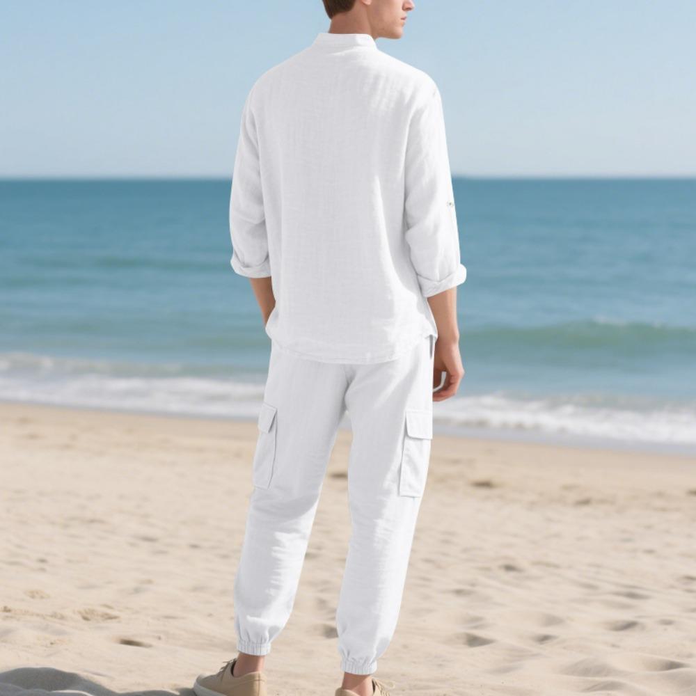Spring and Summer Men's Linen Button Long Sleeved Shirt and Pants Set, Fashionable, Casual,  Breathable, Quick Drying 2-Pic Set