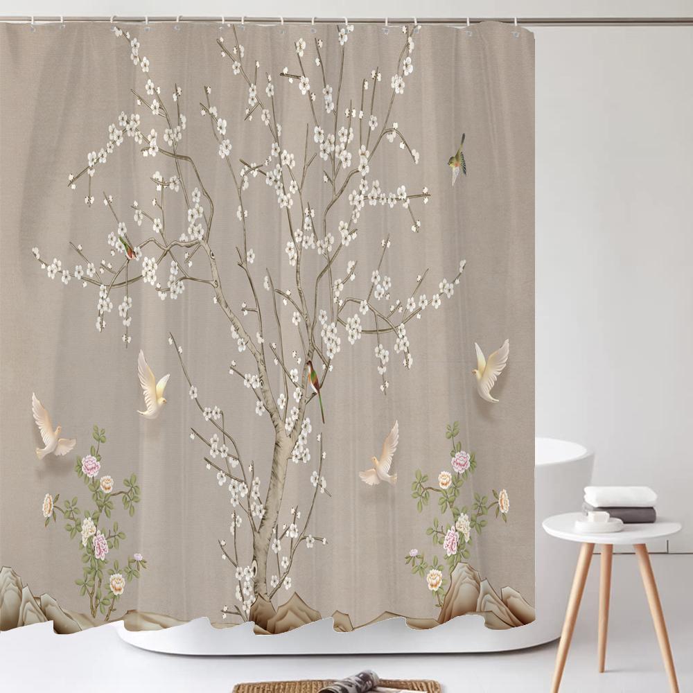 Shower Curtain Chinese Style Flower and Bird Waterproof Bathroom Curtain landscape Partition Curtain Bath Curtains With Hooks