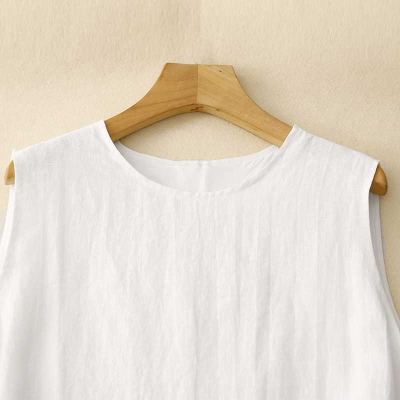 Women's Cotton Linen Sleeveless Dress Casual Round Neck Loose Fit Solid Color Midi Tank Dress for Summer
