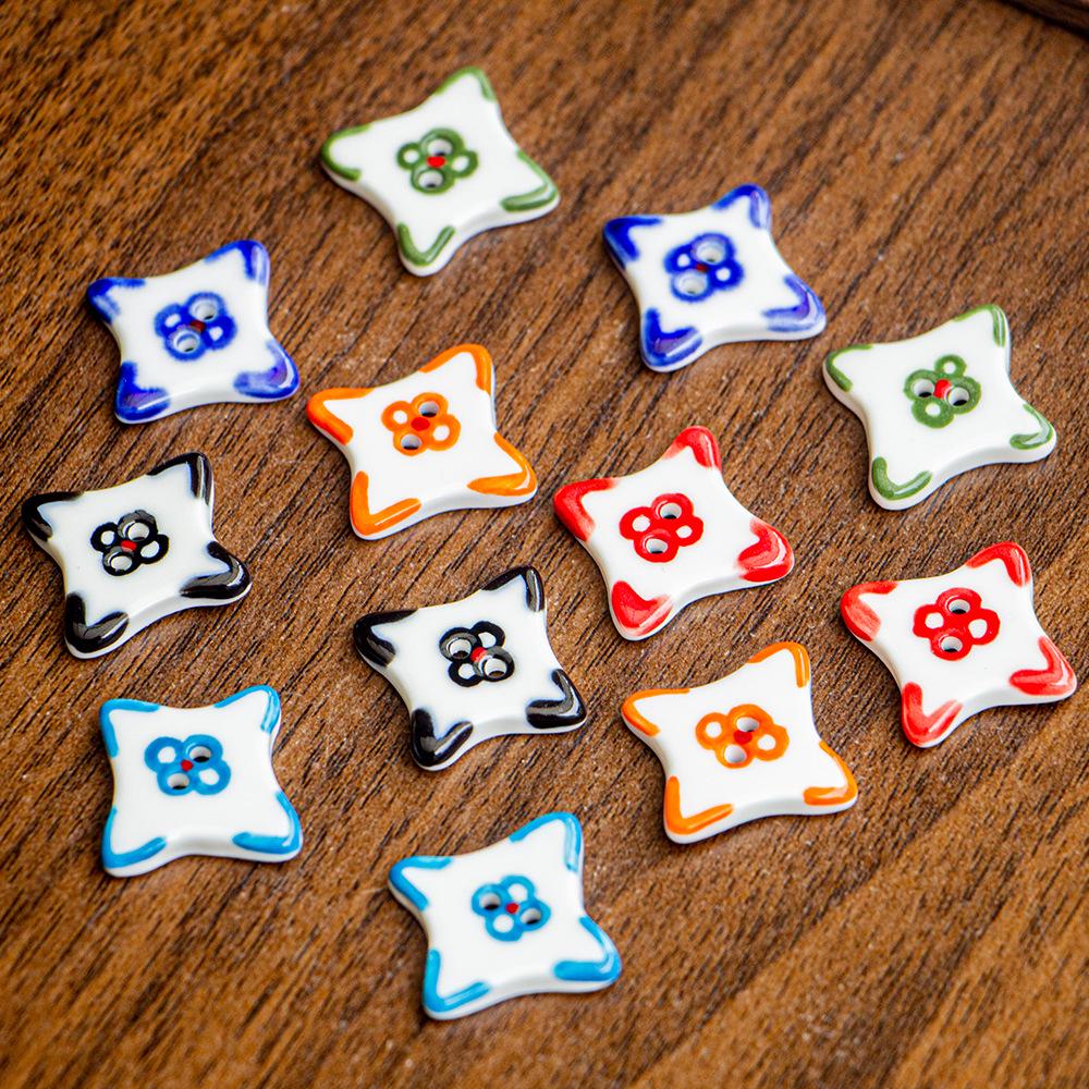 Hand-Painted Four-Pointed Star Ceramic Button - Handmade Clothing Accessory with Chinese Knot Design