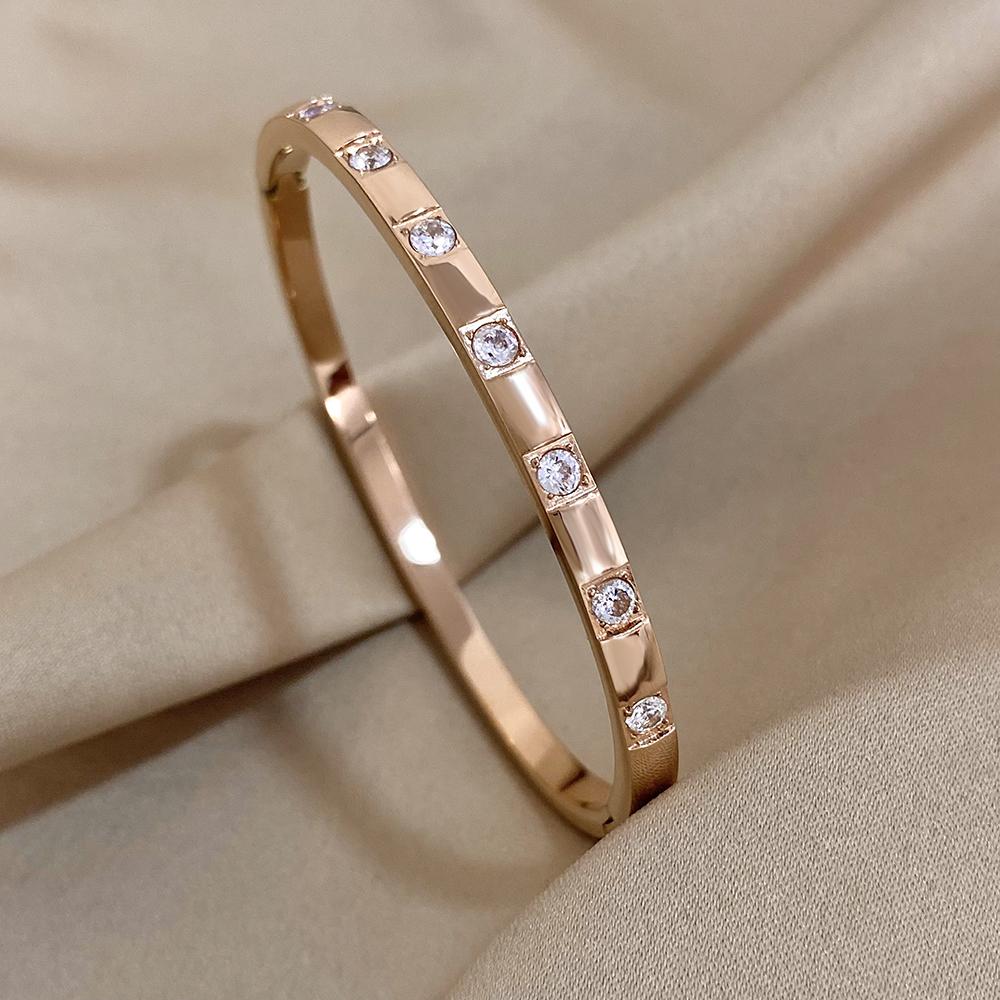 Fashion Rhinestone Stainless Steel Bracelet Simple Crystal Gold Color Cuff Bangles Waterproof Jewelry for Women Charm Gift