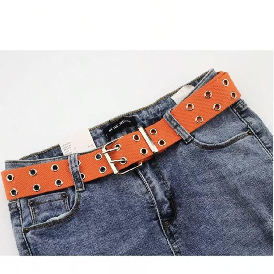 Trendy Double-Breasted Canvas & Rivet Belt - Casual Hollowed-Out Denim Belt with Leather Accents