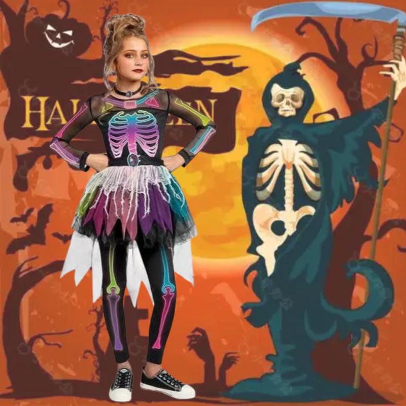 Halloween Human Skeleton Dress For Kids With Polyester Material For Party Cosplay