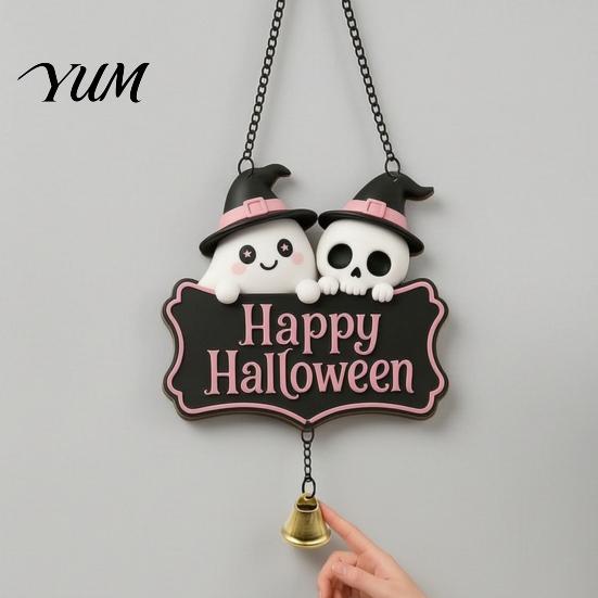 Festive Entrance Hanging Bell Halloween Cute Witch Hat Ghost Door Sign, Wooden Decoration, Decorative Skull Doorbell Pendants for Indoor Outdoor Home