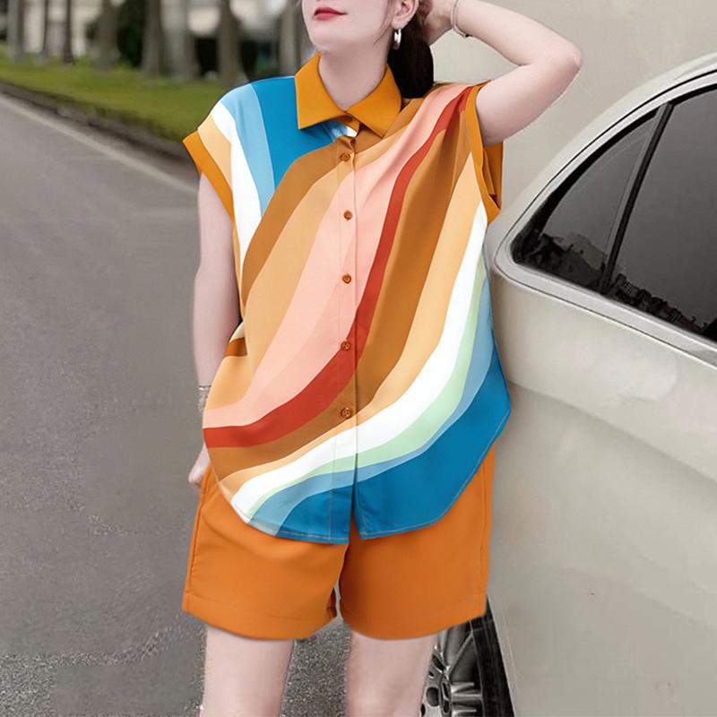 

ZANZEA Женский летний комплект из двух частей: блузка с коротким рукавом и шорты с принтом 2XL оранжевый