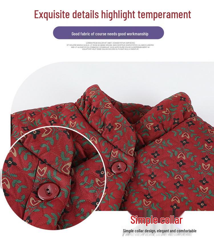 Floral Velvet-Lined Winter Coat for Elderly Women - Warm Cotton Jacket with Stand Collar