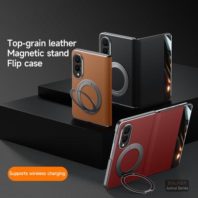 Original Luxury Genuine Leather Magnetic Case For Samsung Galaxy Z Fol8 Fold 8 Metal Ring Holder Bracket Window View Flip Cover