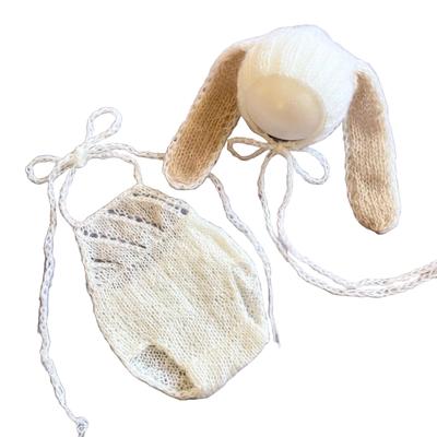 Chapéu de orelhas de coelho e macacão de malha Roupa para foto de recém-nascido Touca Foto mensal [Loja da NANA] (branco)