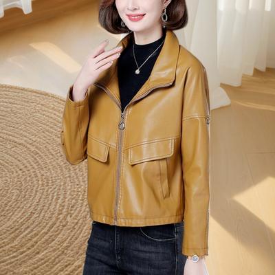 Women's  Autumn New Leather Leather Short Fashion Sheepskin Lapel Zipper Fashion Versatile Solid Color Leather Jackets