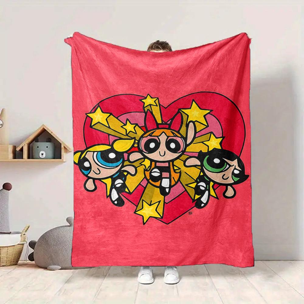 1pc Powerpuff Girls Blanket Lightweight Flannel Throw For Sofa, Bed, Travel, Camping, Livingroom, Office, Couch, Chair, And Bed
