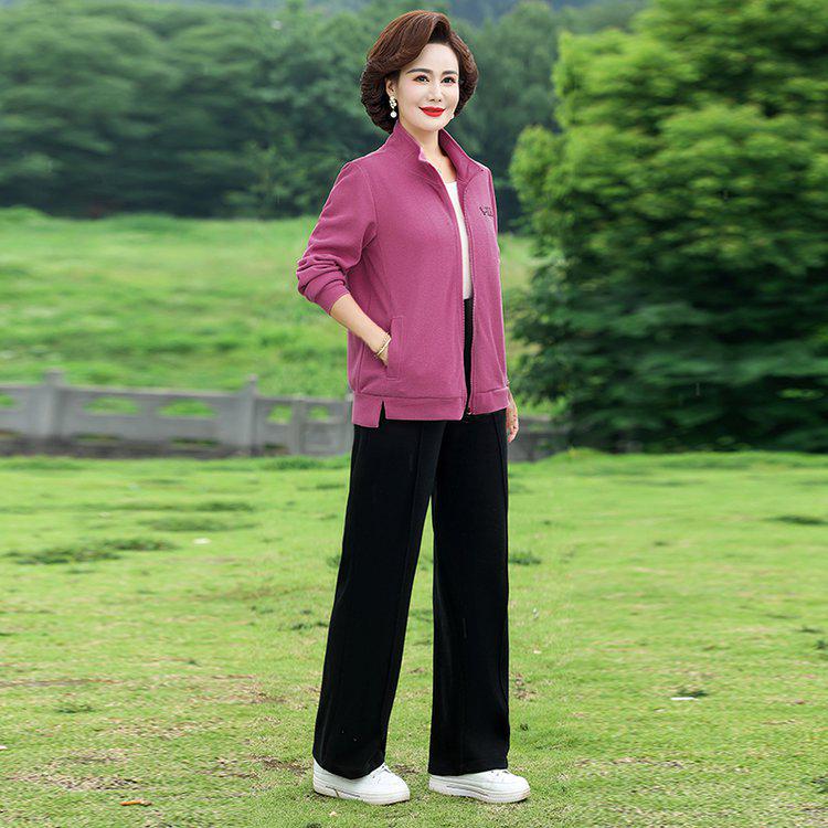 Spring & Autumn Casual Sportswear Set for Middle-Aged Women: Two-Piece Hoodie & Loose Thickened Coat