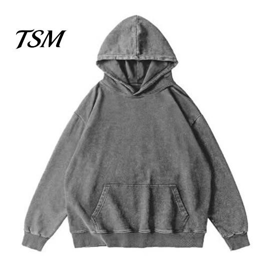 Haut Douillet d'Automne Automne Printemps Sweat à Capuche Unisexe Grande Poche à Capuche Ample Délavé Usé Élastique Poignets et Ourlet Épaules Inclinées Couleur Unie