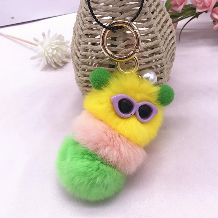 Rex Rabbit Colorful Caterpillar Plush Bag Pendant Keychain Creative Cute Female Mink Jewelry Gift