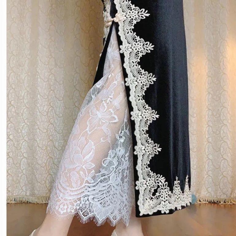Women's Winter Velvet Lace Qipao Hanfu Pants: Breathable, Anti-Exposure Base Layer Pajamas