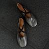 Cowhide version~ round head crossed strap flat-soled ballet shoes retro black single shoes women's shallow mouth Mary Jane small leather shoes