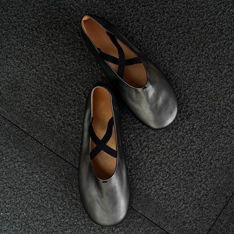 Cowhide version~ round head crossed strap flat-soled ballet shoes retro black single shoes women's shallow mouth Mary Jane small leather shoes
