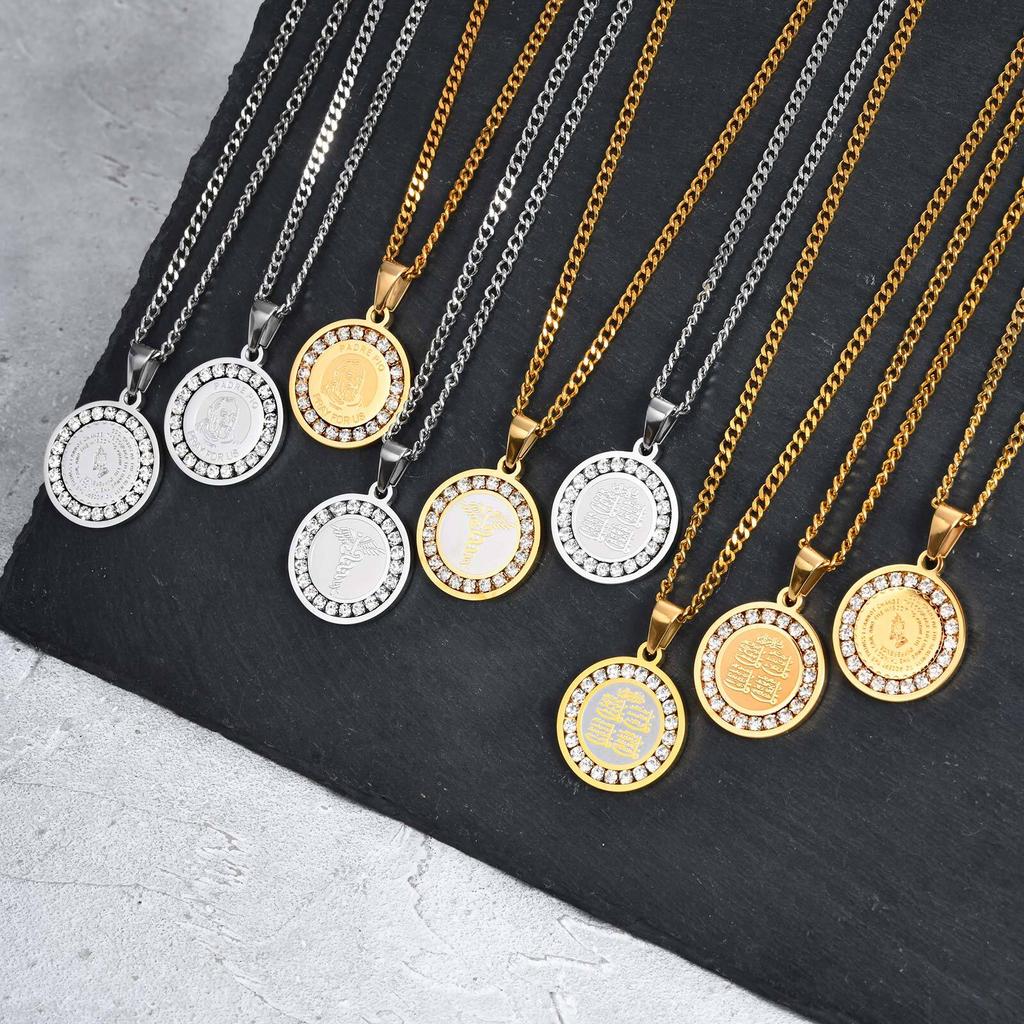 Bible Prayer Zircon Necklace for Men Boys,Stainless Steel Praying Hands Coin Pendant,Luxury Faith Jewelry Gift