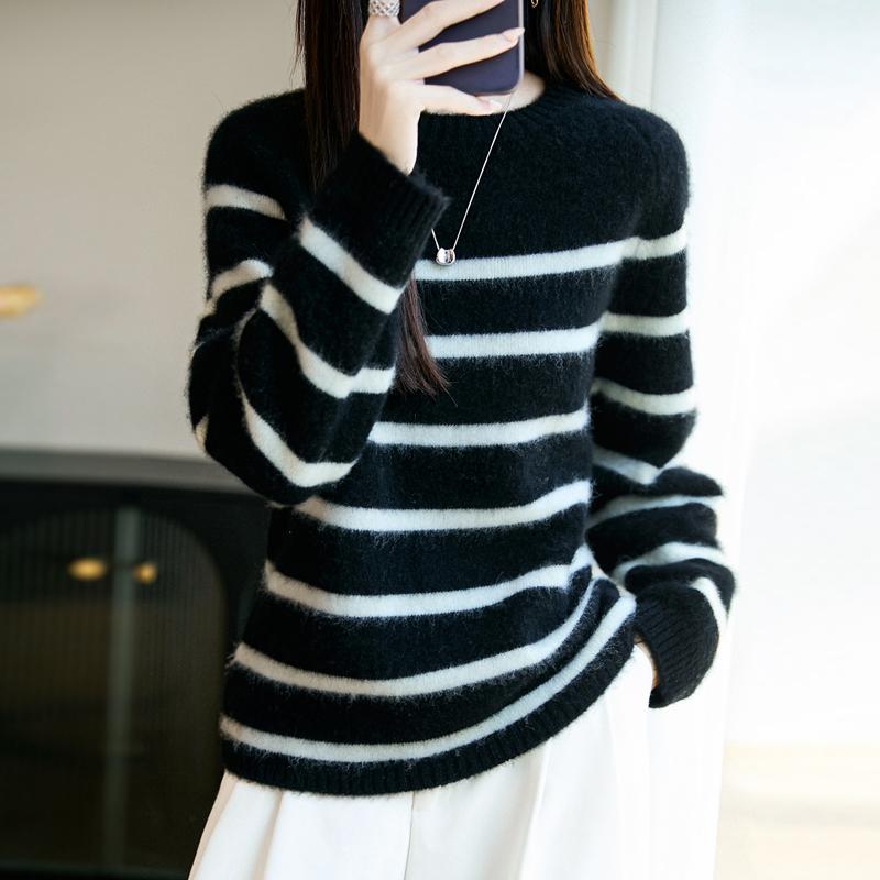 Women Sweater 100% Wool MODERN NEW SAGA O-neck Stripe Knit Pullover Thick Winter Jumpers Female Knit Tops