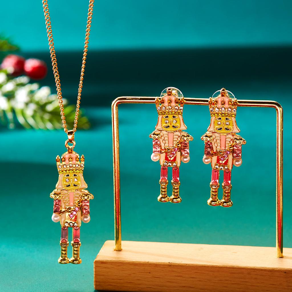 Vintage Soldier King Pendant Earrings Necklace for Women Cute Rhinestone Bells Drop Earring New Year Christmas Jewelry Gift