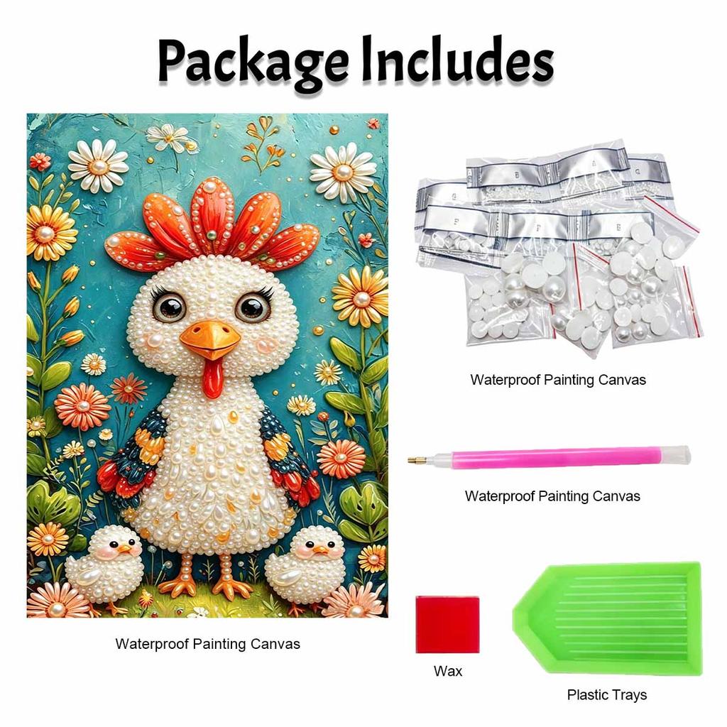 Elegant Framed Pearl Art DIY Set with Cute Chicken Floral Design 5D Sparkling Bead Canvas Painting Ready To Display Romantic Home Decor Gift