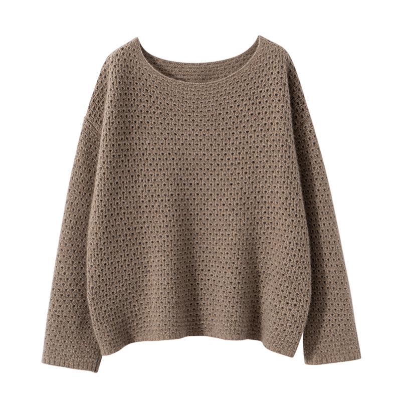 

Однотонный кашемировый свитер с ажурной вязкой, в стиле ретро, с круглым вырезом и длинными рукавами - Универсальный свободный трикотаж на осень-зиму One Size