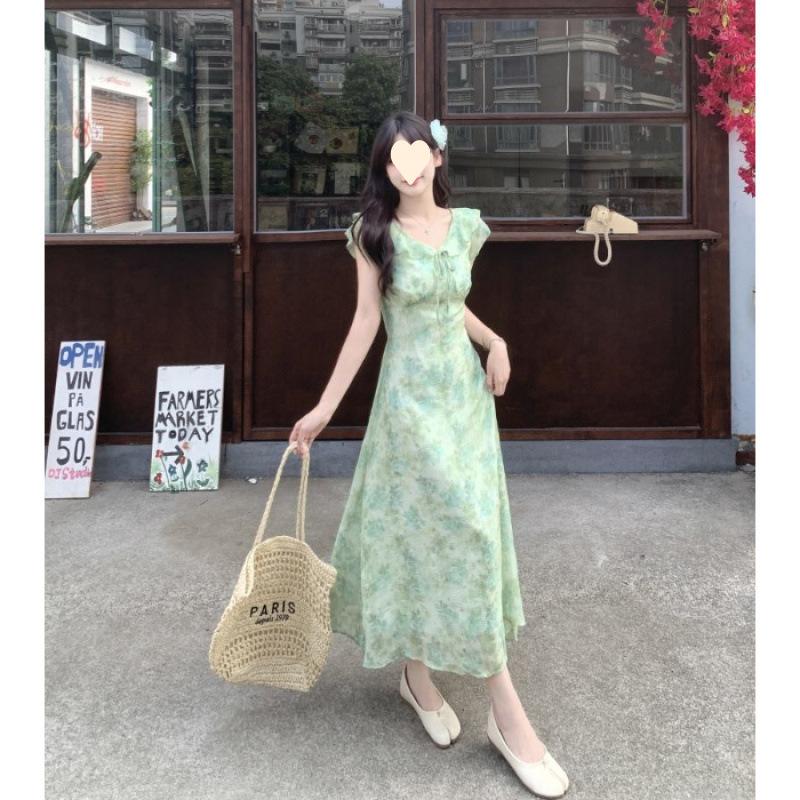Green Xiaofei Sleeve Floral Dress Women s Summer New Seaside Vacation Sleeveless Waist Long Skirt S