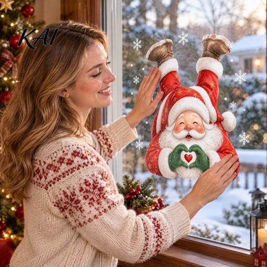 No Glue Window Adhesives Christmas Heart Gesture Santa Claus Clings, Decorative PVC Static Glass Festive Home Ornaments Sticker, Removable Decals for