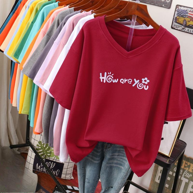 Camiseta de manga curta, Solta, Top V-neck Estampado Emagrecedor para Mulheres