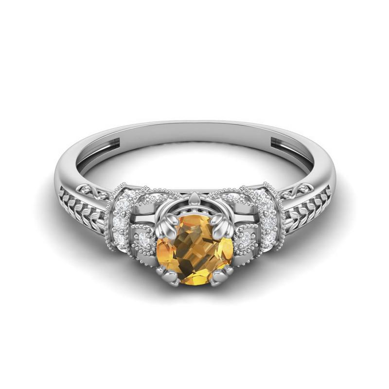 

5MM Round Citrine Gemstone 925 Sterling Silver Solitaire Blossom Design Women Wedding Ring 11 білий