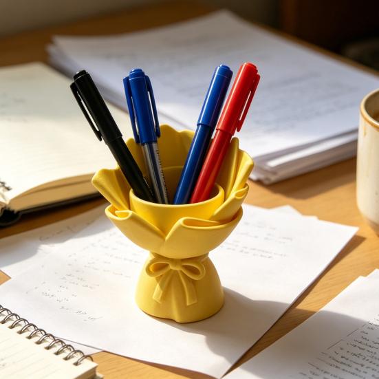 3D Printed Bouquet Pen Holder Planter, Mini Desk Decor with Bow & Artificial Flowers, Multifunctional PLA Craft for Pencil Organizer Pot, Romantic