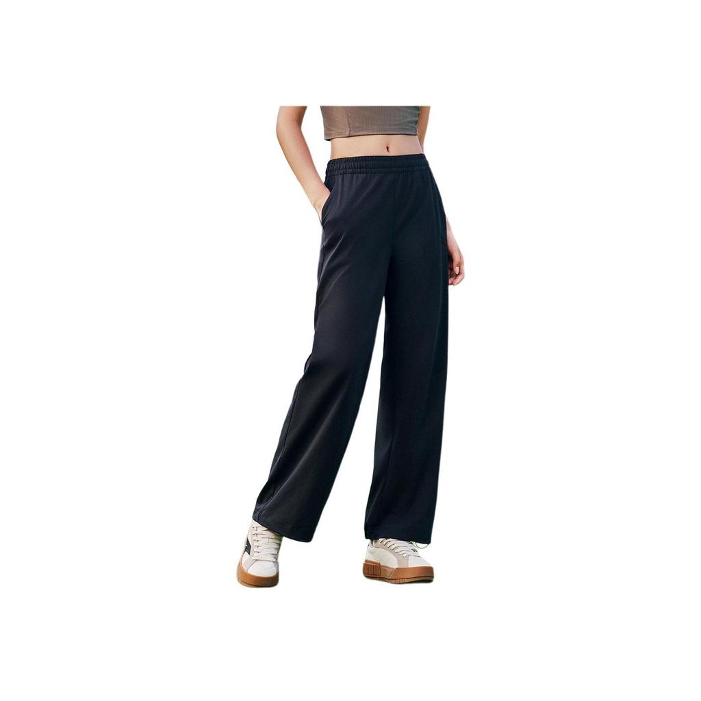 Anta Casual Simple Solid Color Lace-Up Loose Straight Leg Knitted Sports Pants Women bottoms Black 162528320-1