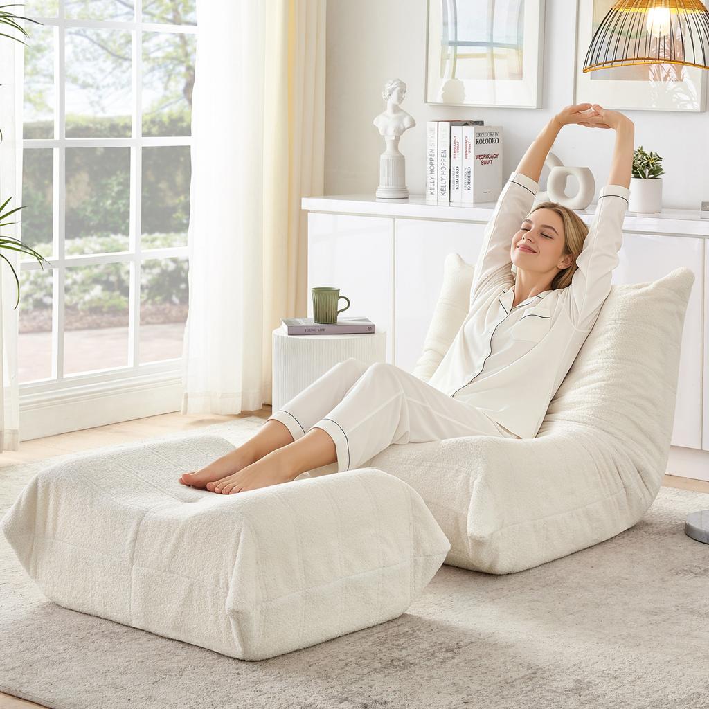 Lazy sofa with backrest and footstool, soft teddy fur bean bag floor reading chair, comfortable for living room, bedroom, study, apartment, Beige