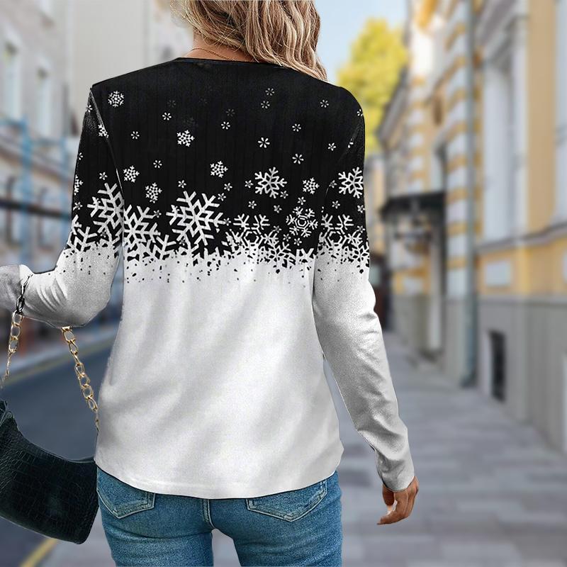 Women Spring Tops Black and White Snowflakes Print Causal Long Sleeve T-shirt Top Blouse