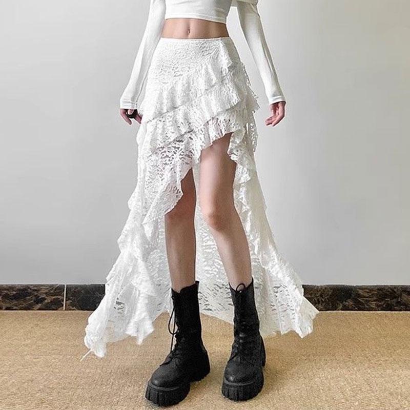 

Женские юбки с кружевной вставкой, черная юбка с высокой талией, оборками, асимметричная, длинная, уличная одежда в готическом стиле, лето One Size белый