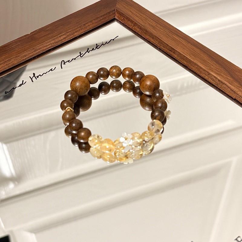Handmade Wooden Bracelet With Amber Crystal Shell Flower Beads Zen Style Boho Charm Women New Chinese Aesthetic