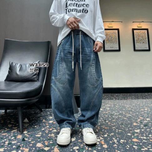 American retro washed blue jeans men's autumn new loose wide-leg pants drawstring elastic waist trousers