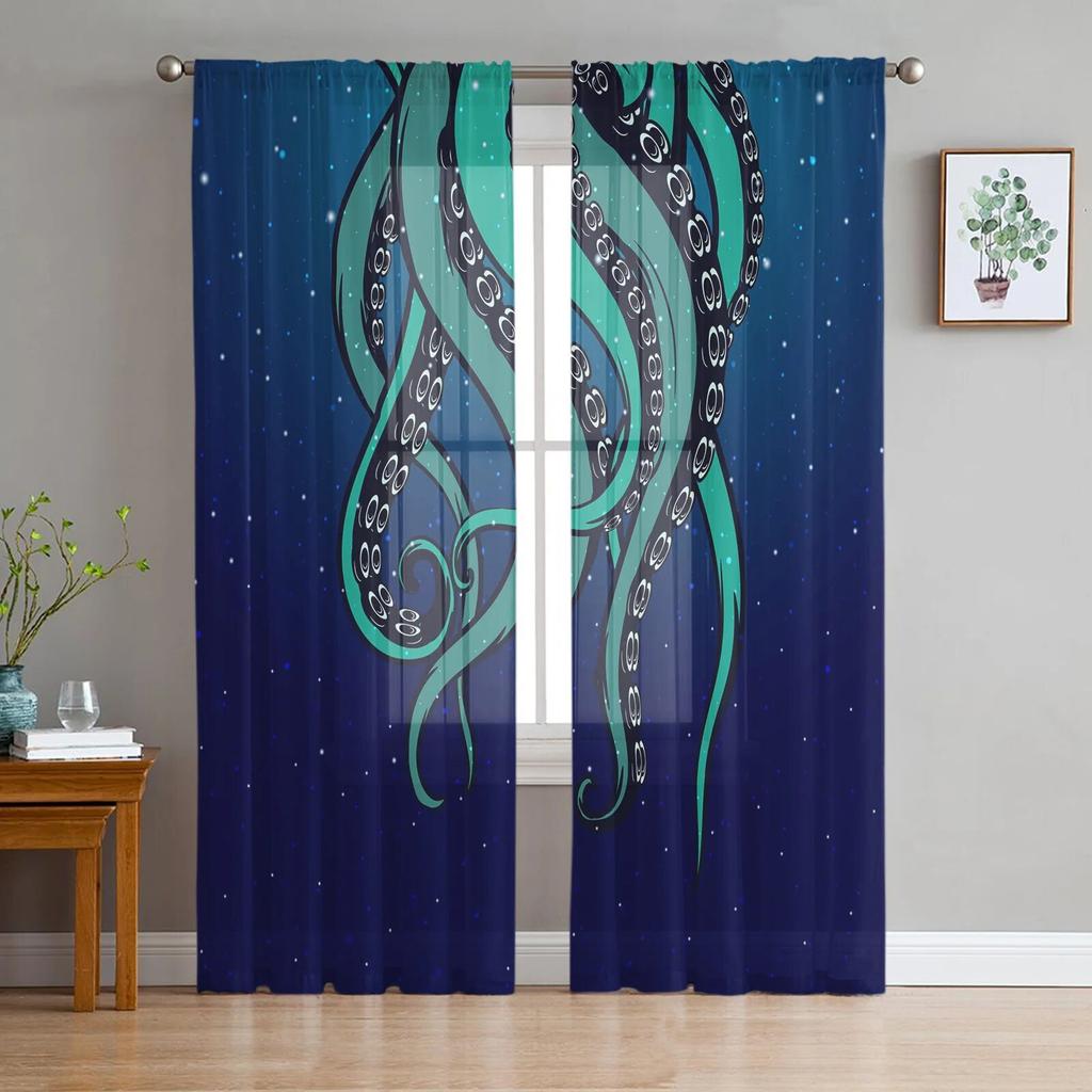 Sea Octopus Retro Cthulhu Sheer Curtains for Living Room Modern Voile Curtain Bedroom Tulle Curtains Window Drapes Decor