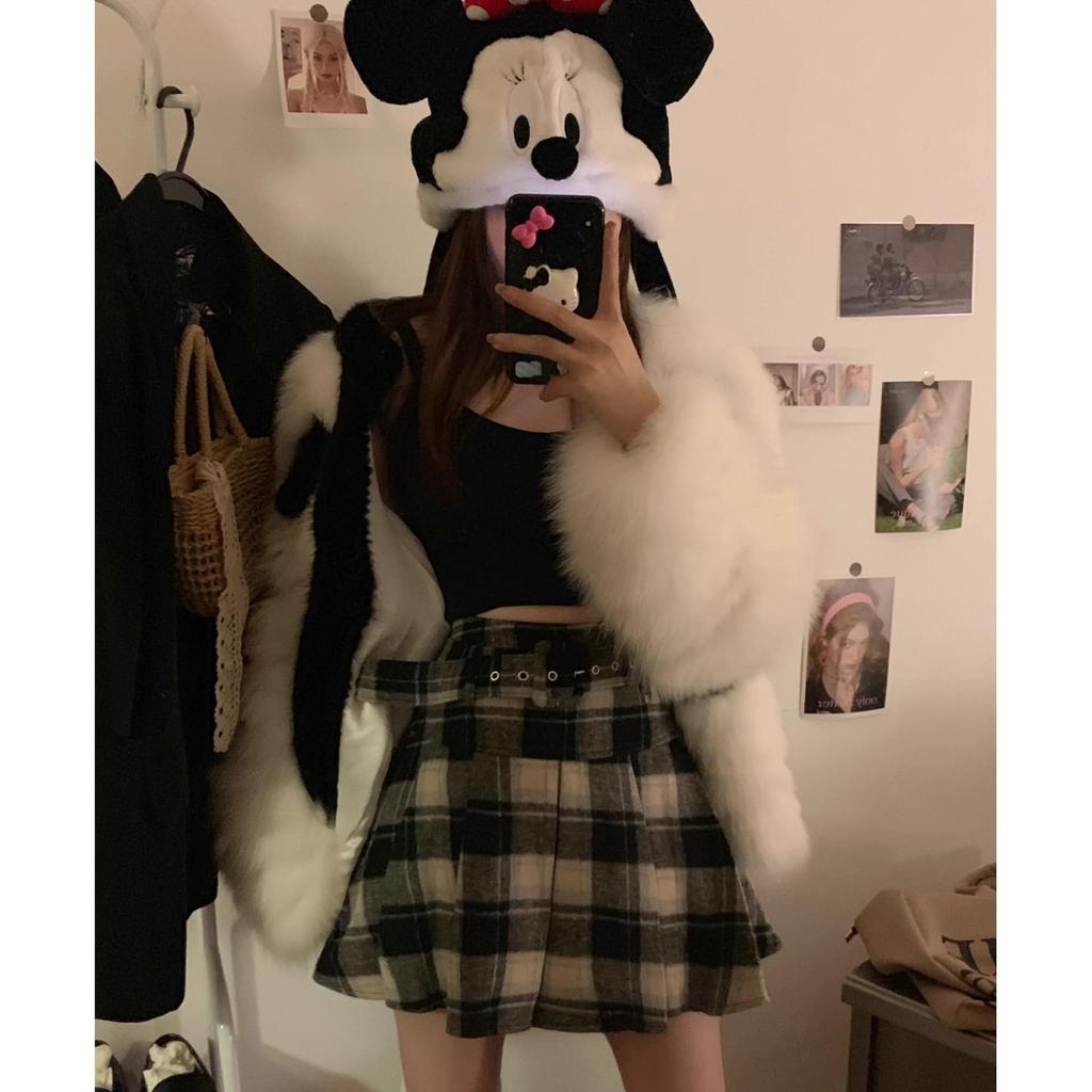 Autumn 2025 Women's High Waist Plaid Wool A-line Skirt with Belt