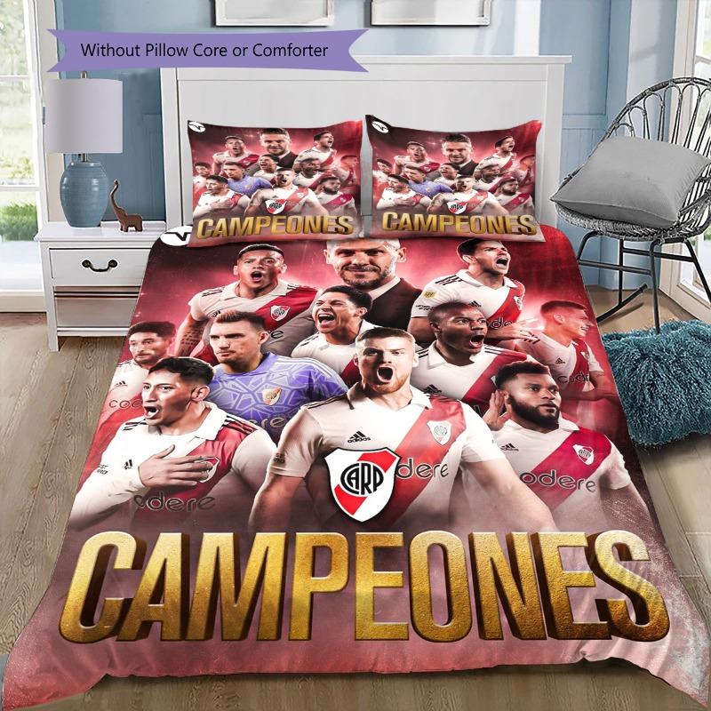 River Plate FC Black Background Red White Horizontal Stripe Shield Crest Bedding Set Argentine Soccer Duvet Cover Football Fan Bedroom Decor Bedding